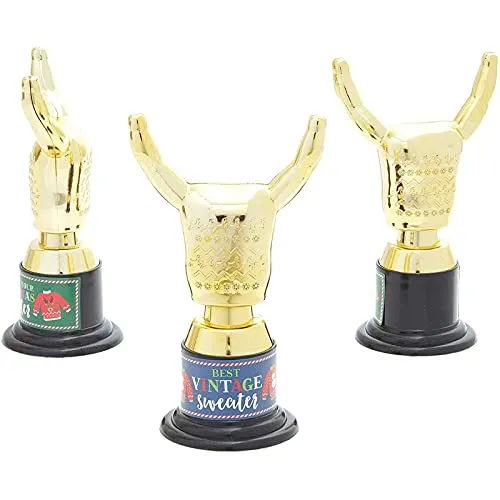 12 Pack Ugly Christmas Sweater Trophy Award with Stickers for Party Decorations, Ugly Sweater Kit