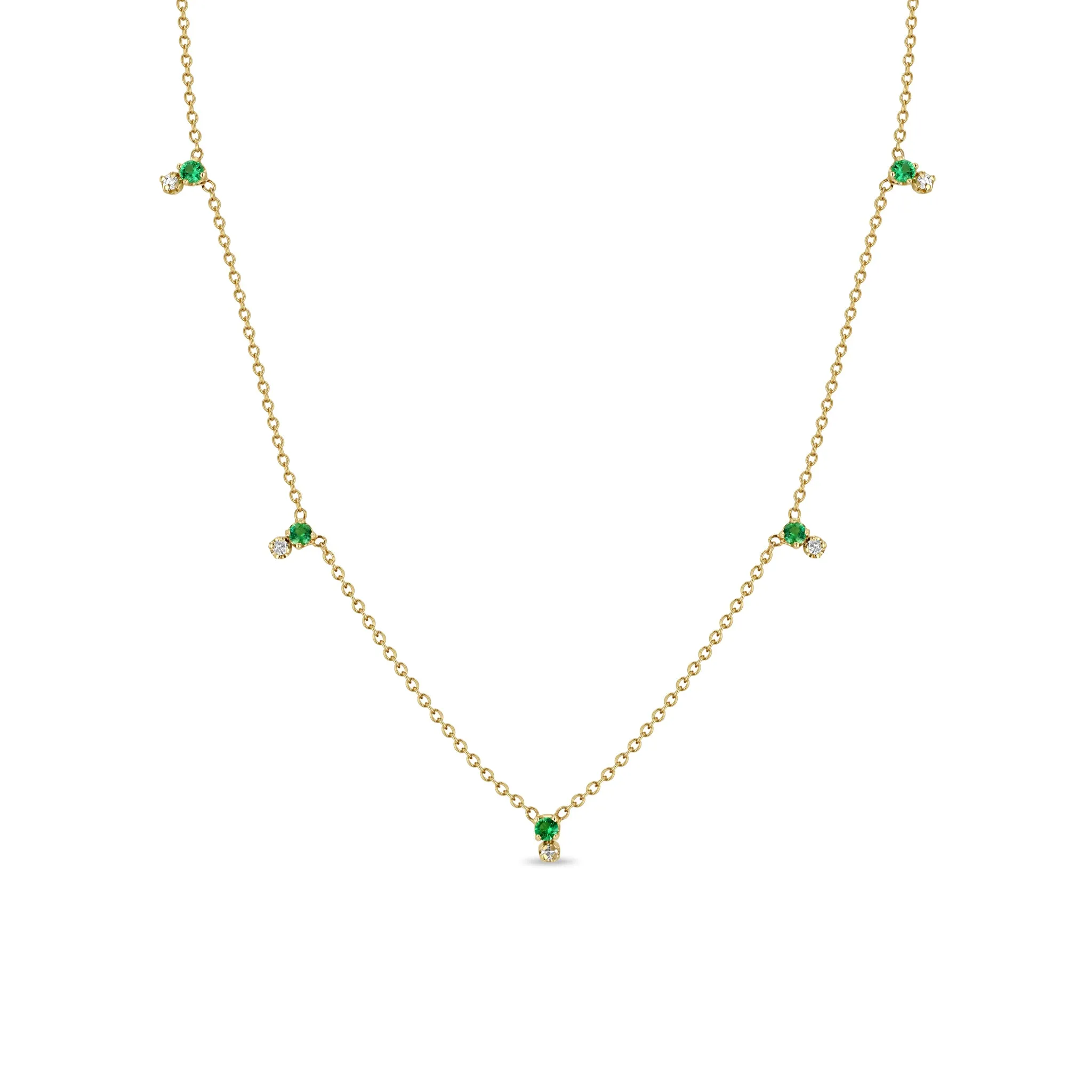 14k Stacked Prong Emerald & Diamond Station Necklace