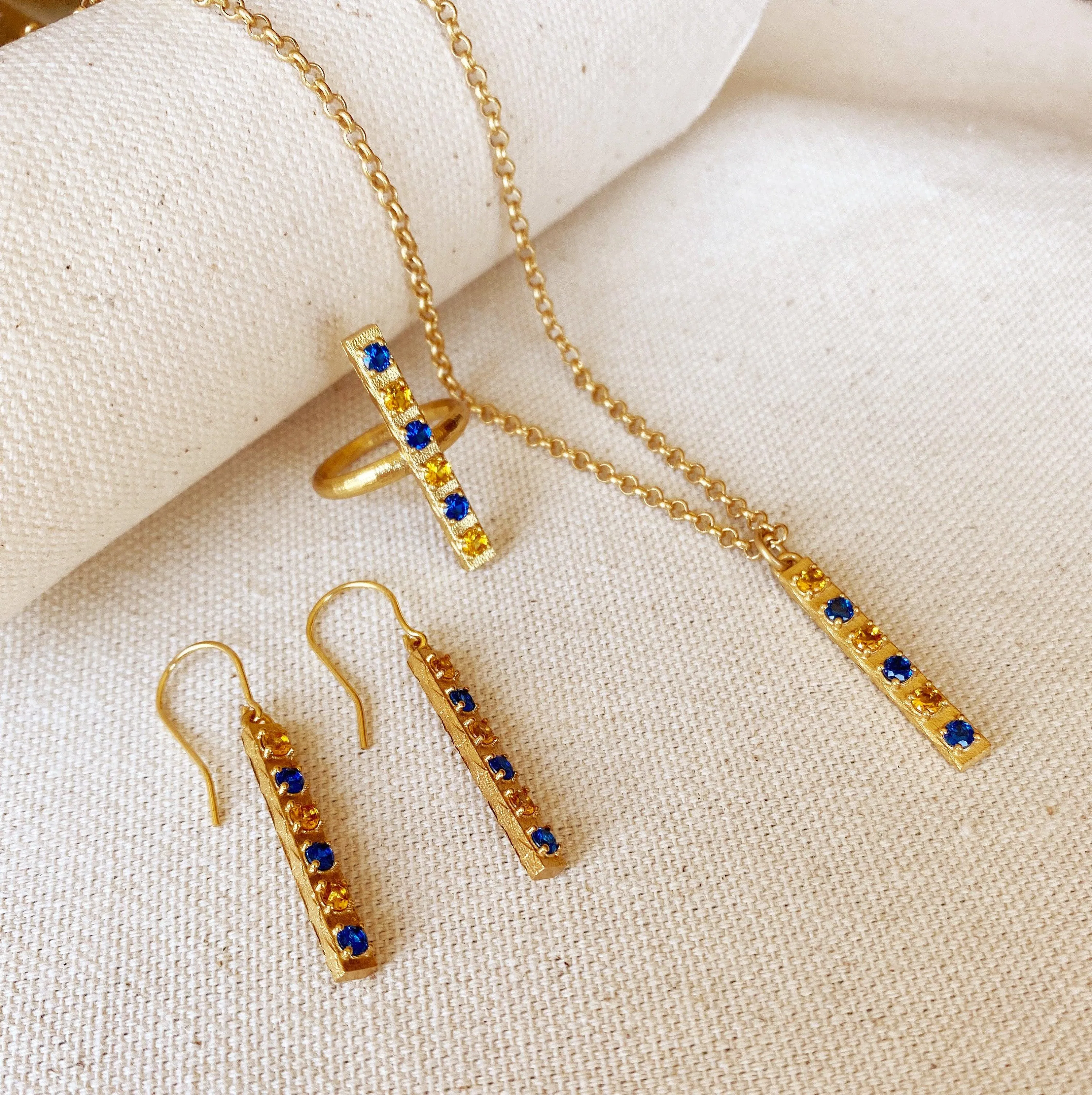 18k Gold Filled Delicate Bar Sapphire And Topaz Cubic Zirconia