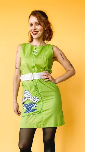 1960s Bright Green Floral Appliqué Shift Dress, sz. M