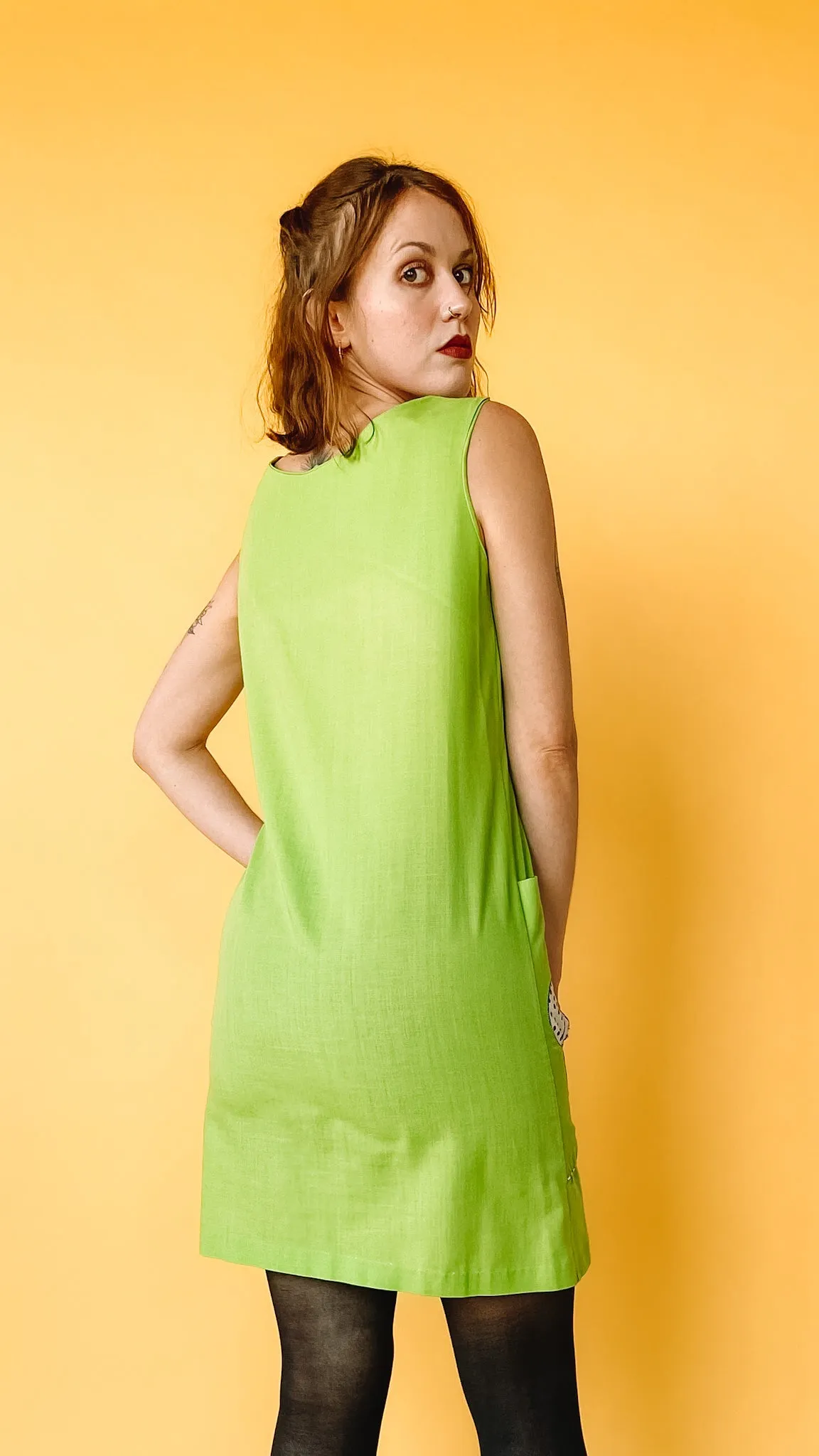 1960s Bright Green Floral Appliqué Shift Dress, sz. M