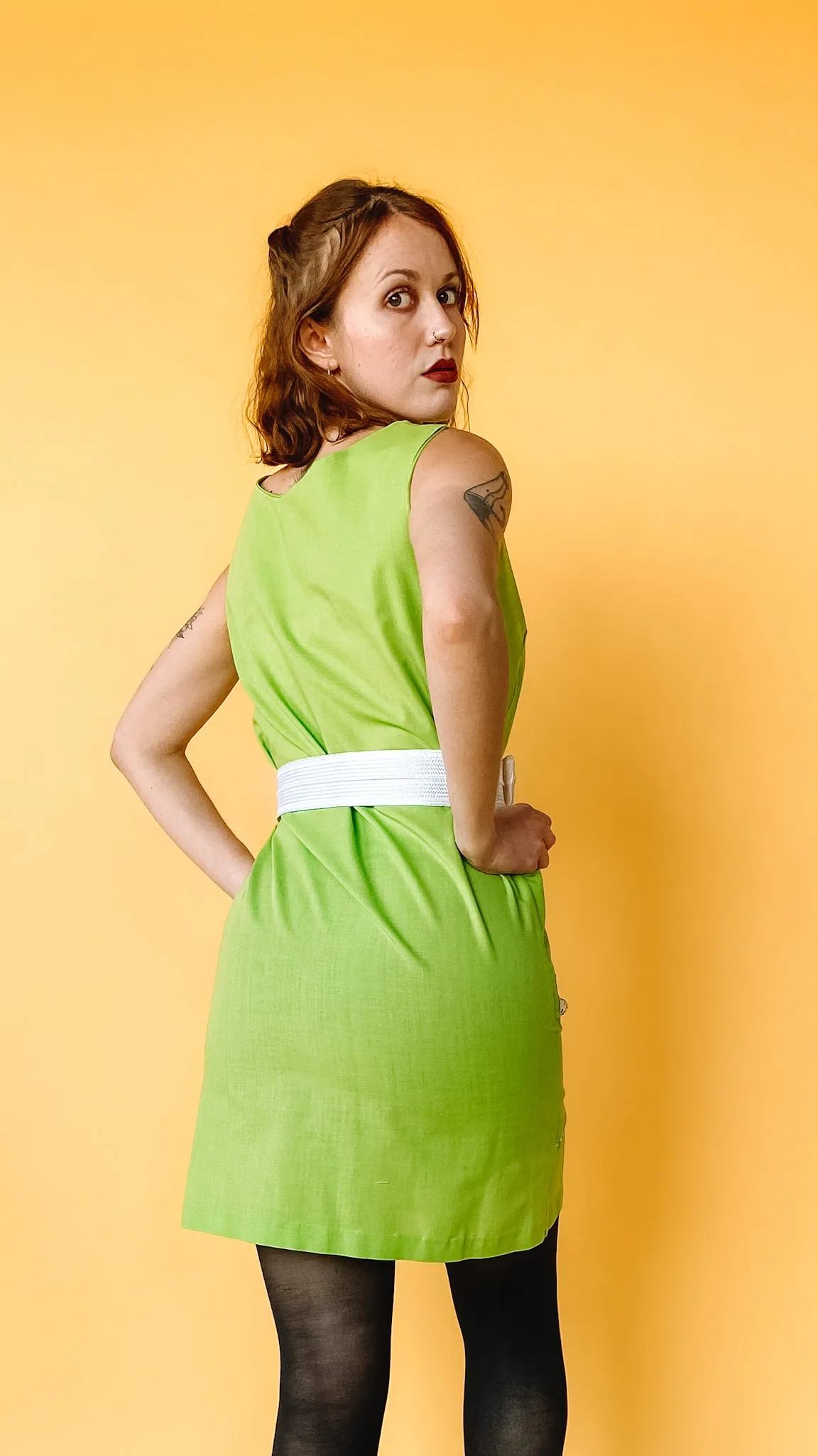 1960s Bright Green Floral Appliqué Shift Dress, sz. M