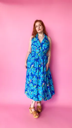 1980s Blue Illustrated Floral Halter Dress, sz. L