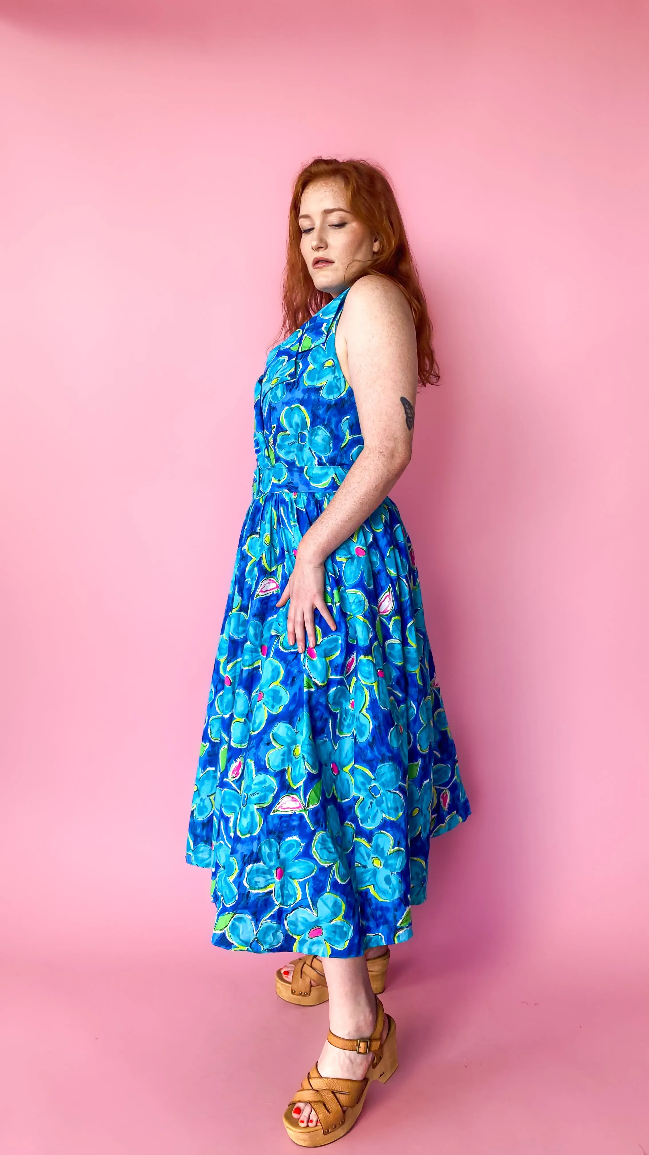 1980s Blue Illustrated Floral Halter Dress, sz. L