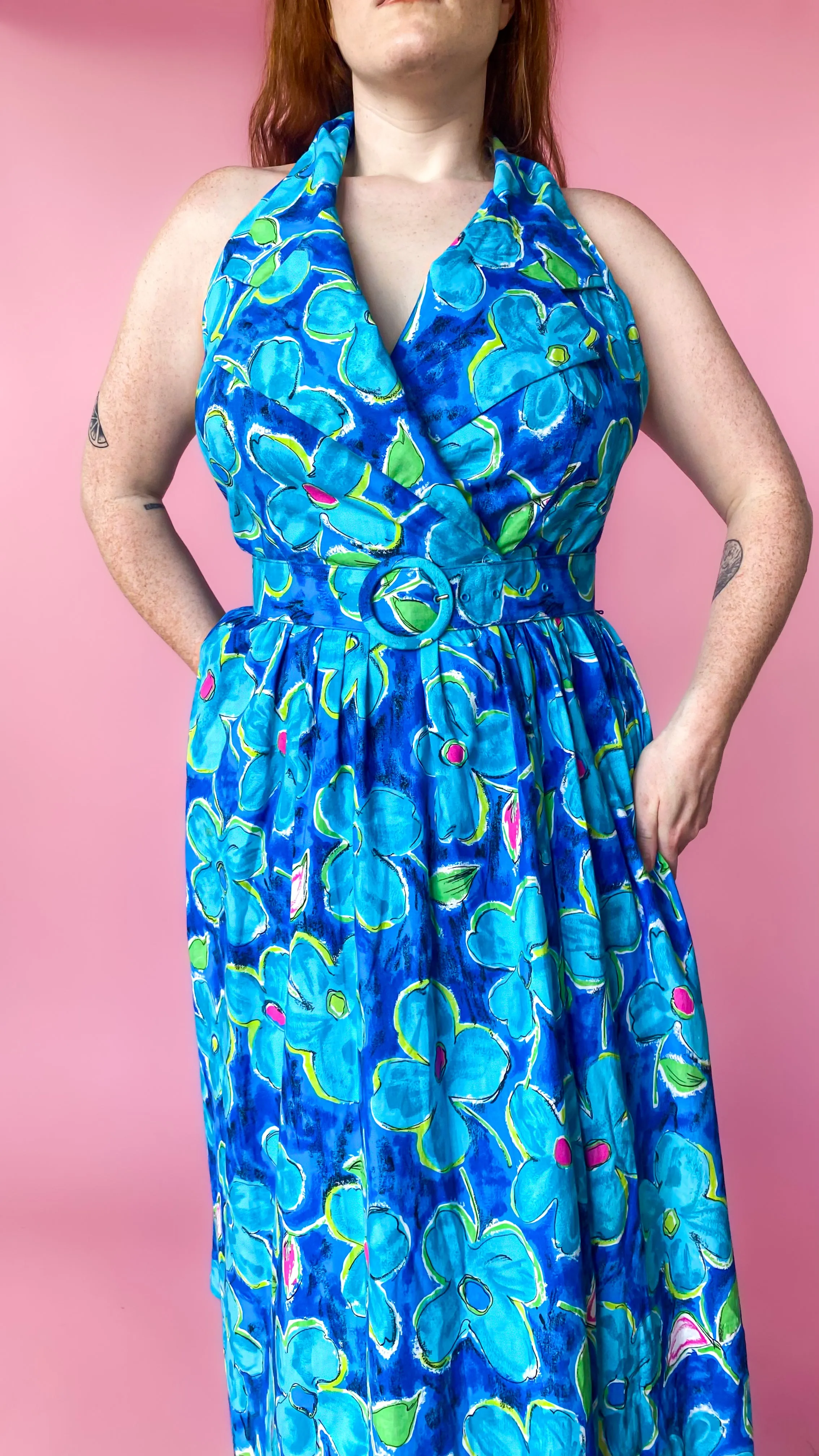 1980s Blue Illustrated Floral Halter Dress, sz. L