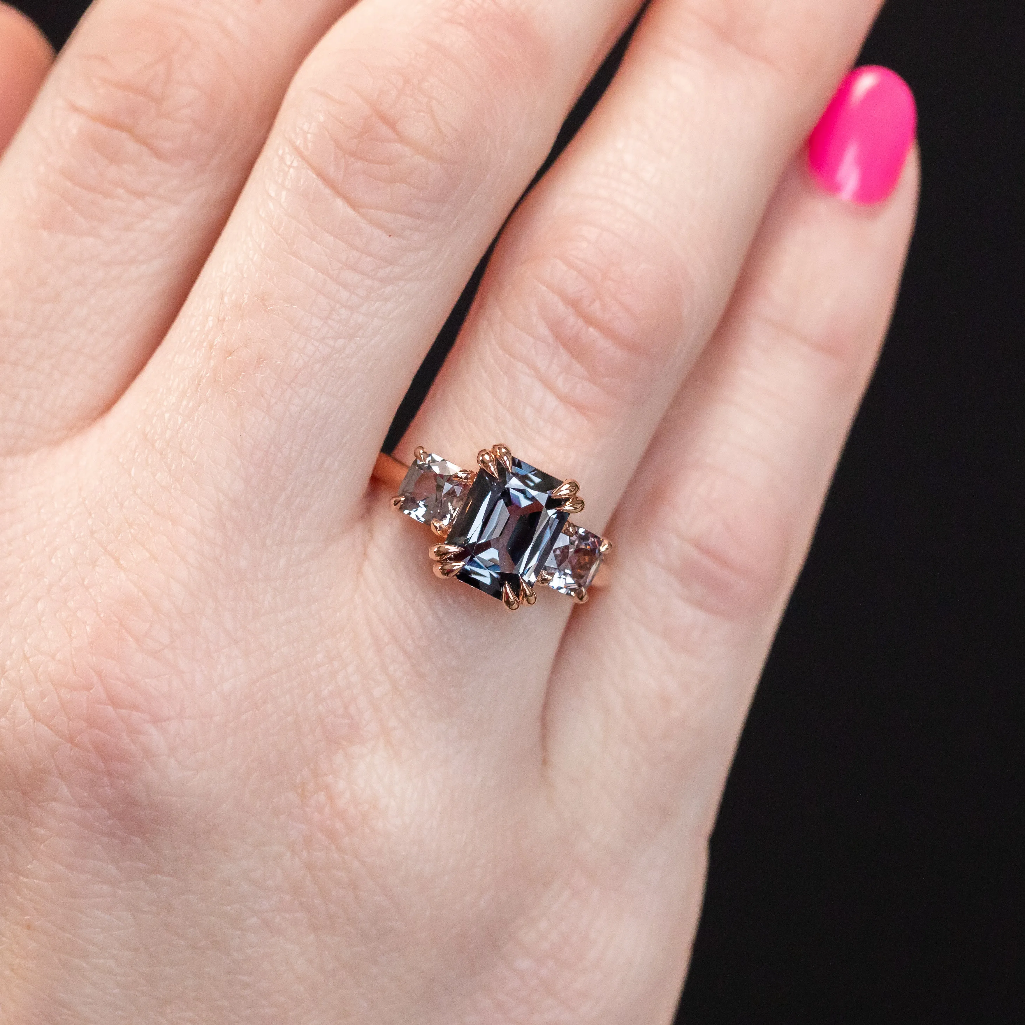 3.01ct Grey Spinel Three Stone Ring in 14k Rose Gold