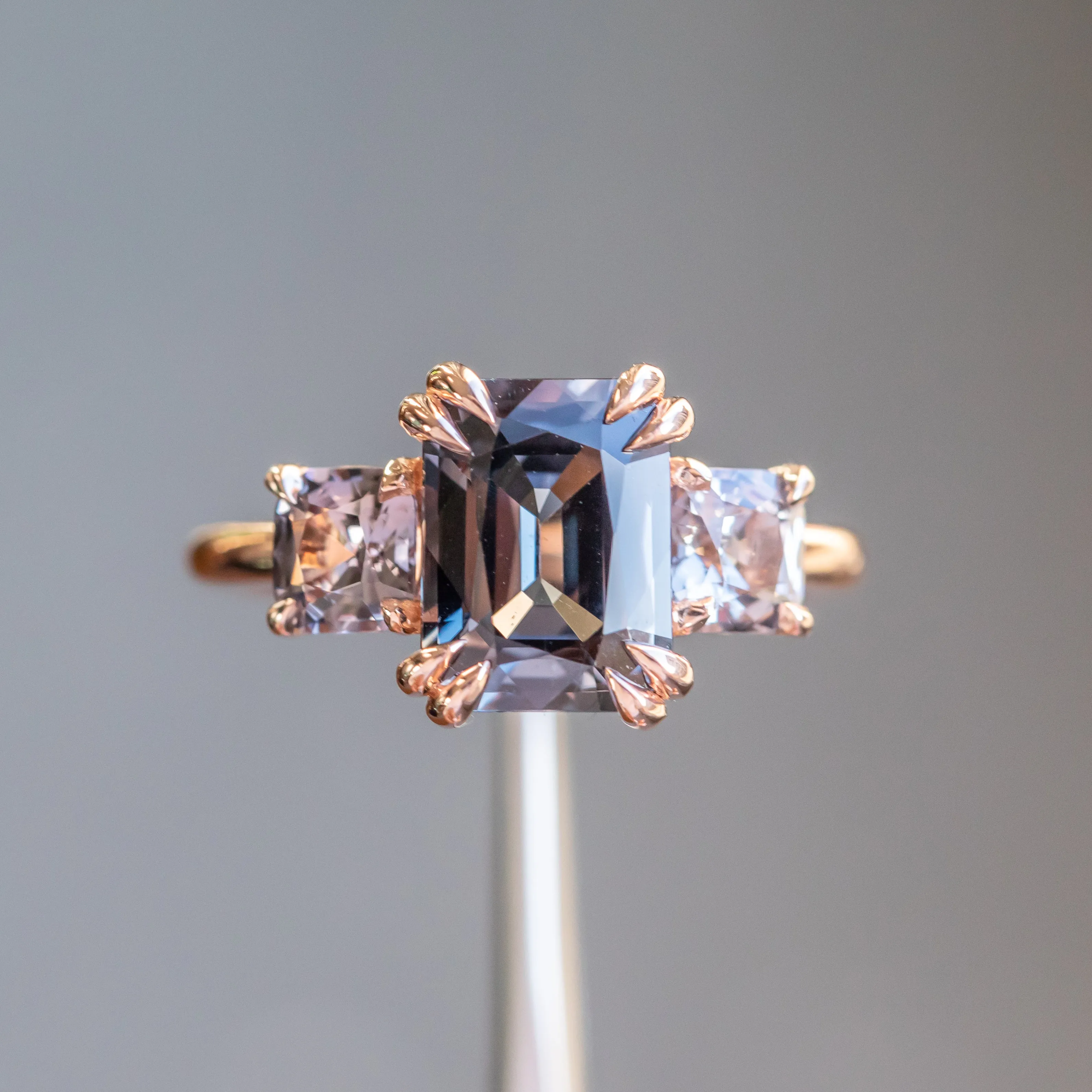 3.01ct Grey Spinel Three Stone Ring in 14k Rose Gold