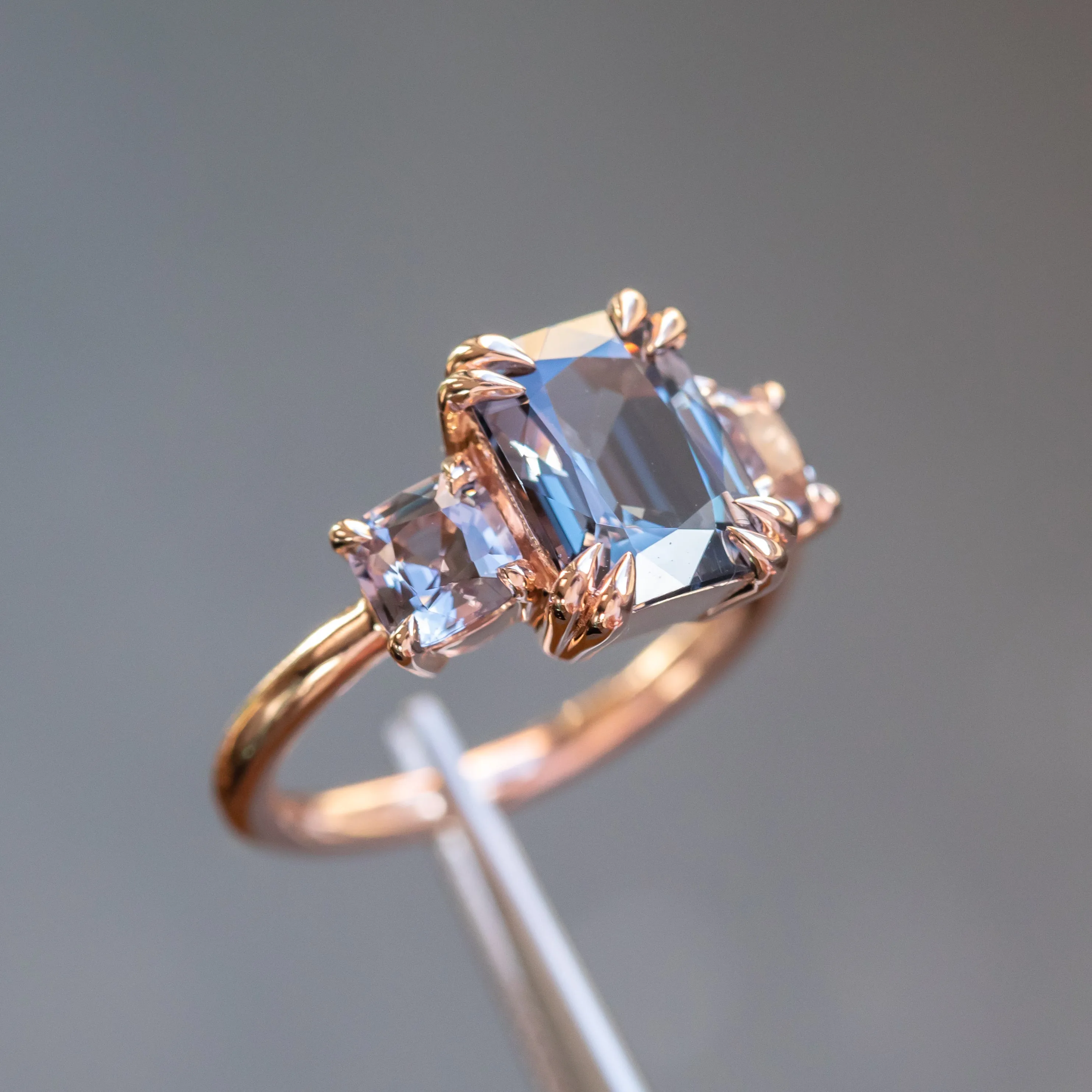 3.01ct Grey Spinel Three Stone Ring in 14k Rose Gold