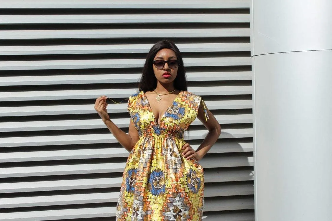 African Dress in Gold Ankara Print - Festival Dress