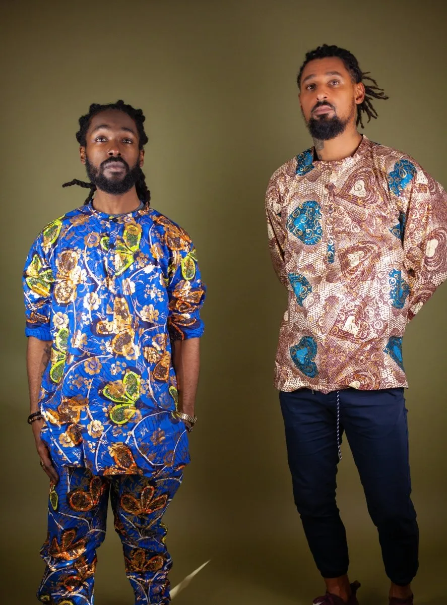 African Print Shirt in Gold Blue Ankara