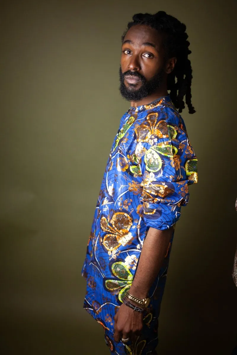 African Print Shirt in Gold Blue Ankara