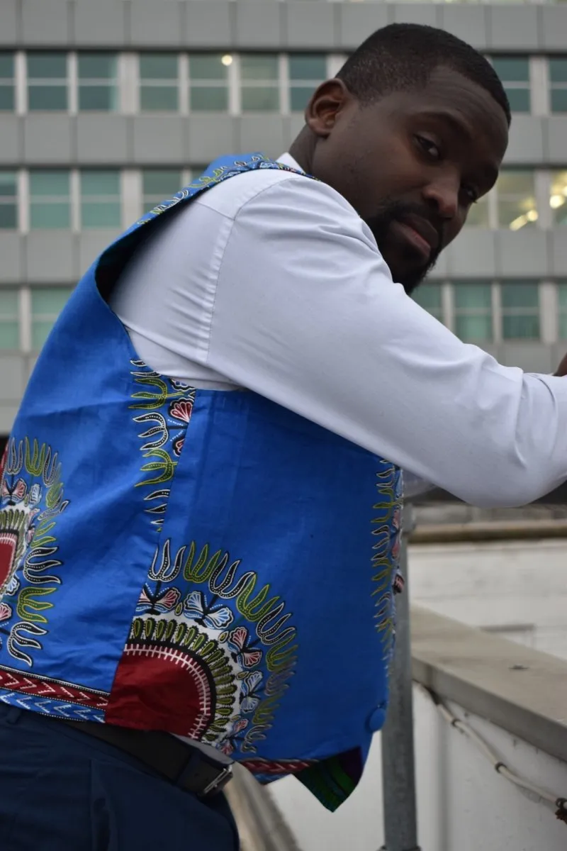 African Waistcoat in Blue Dashiki - Reversible