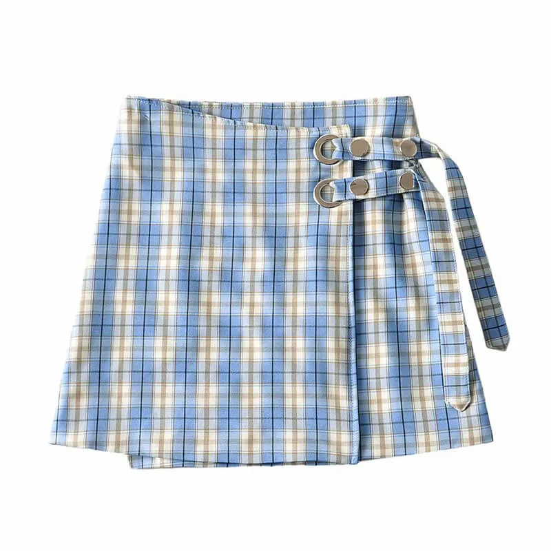 American retro niche blue plaid high waisted irregular diagonal skirt BY9132