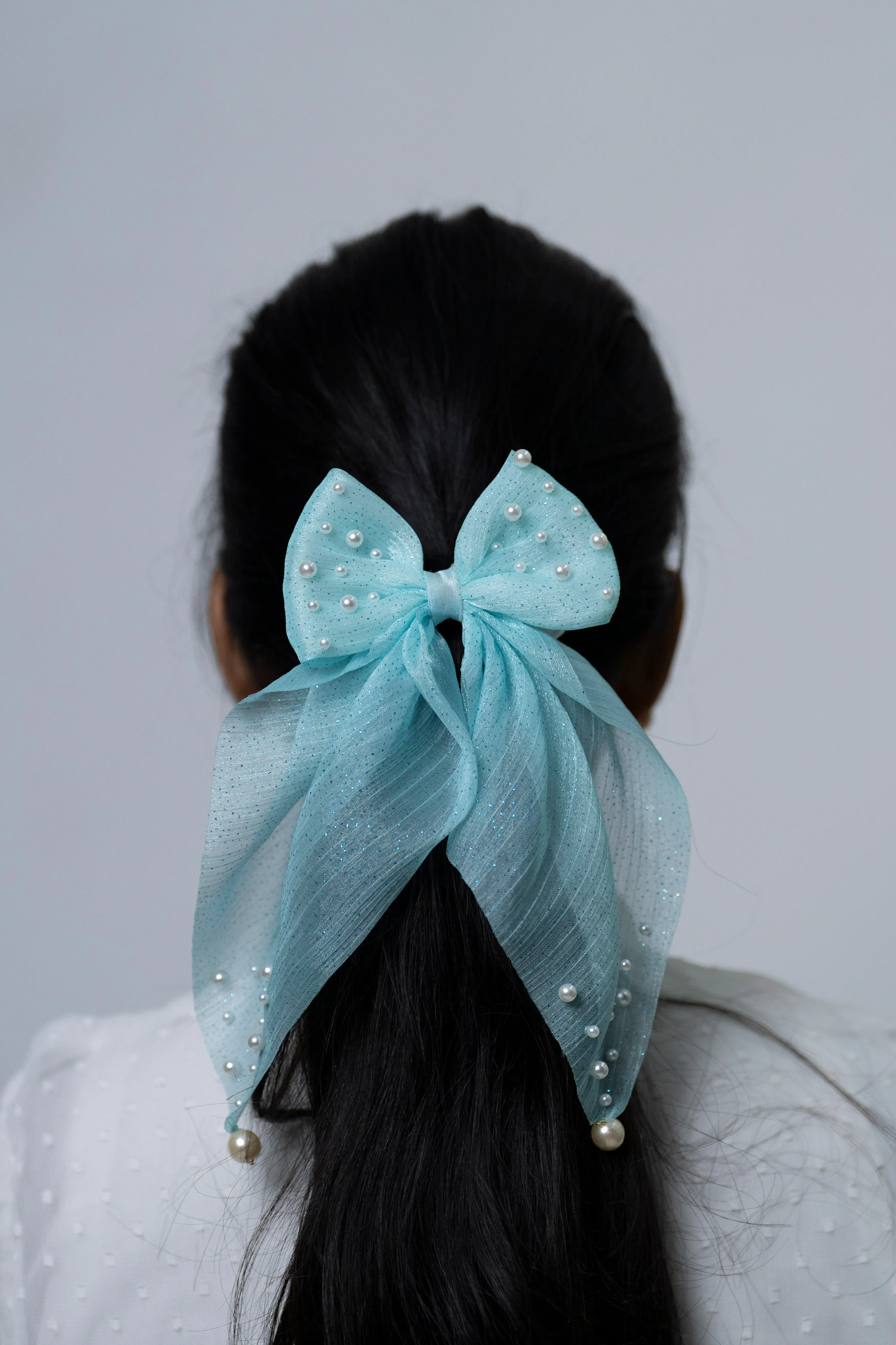 Aqua Blue Glitter Bow Hairband with Pearl Embellishments