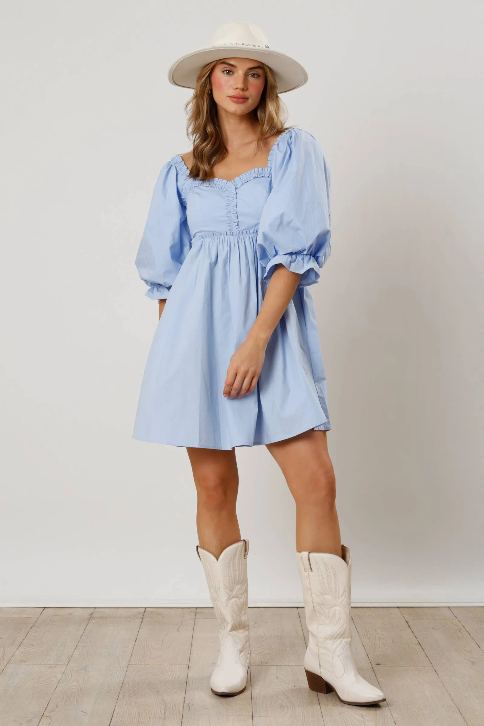 BABY BLUE PUFF SLEEVE MINI DRESS