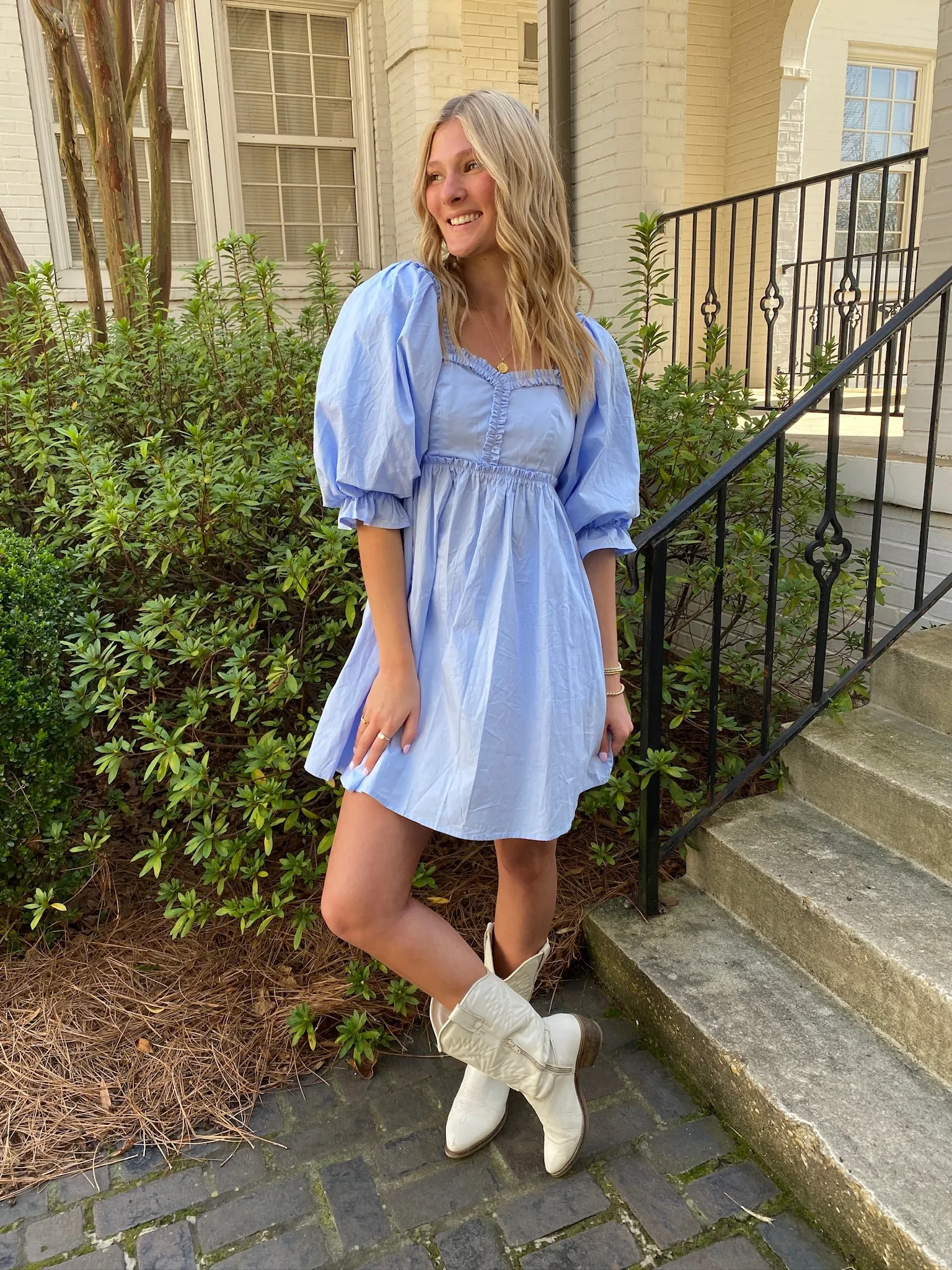 BABY BLUE PUFF SLEEVE MINI DRESS