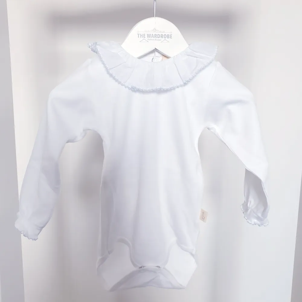 Baby Gi White Long Sleeved Bodysuit with Blue Frill Collar