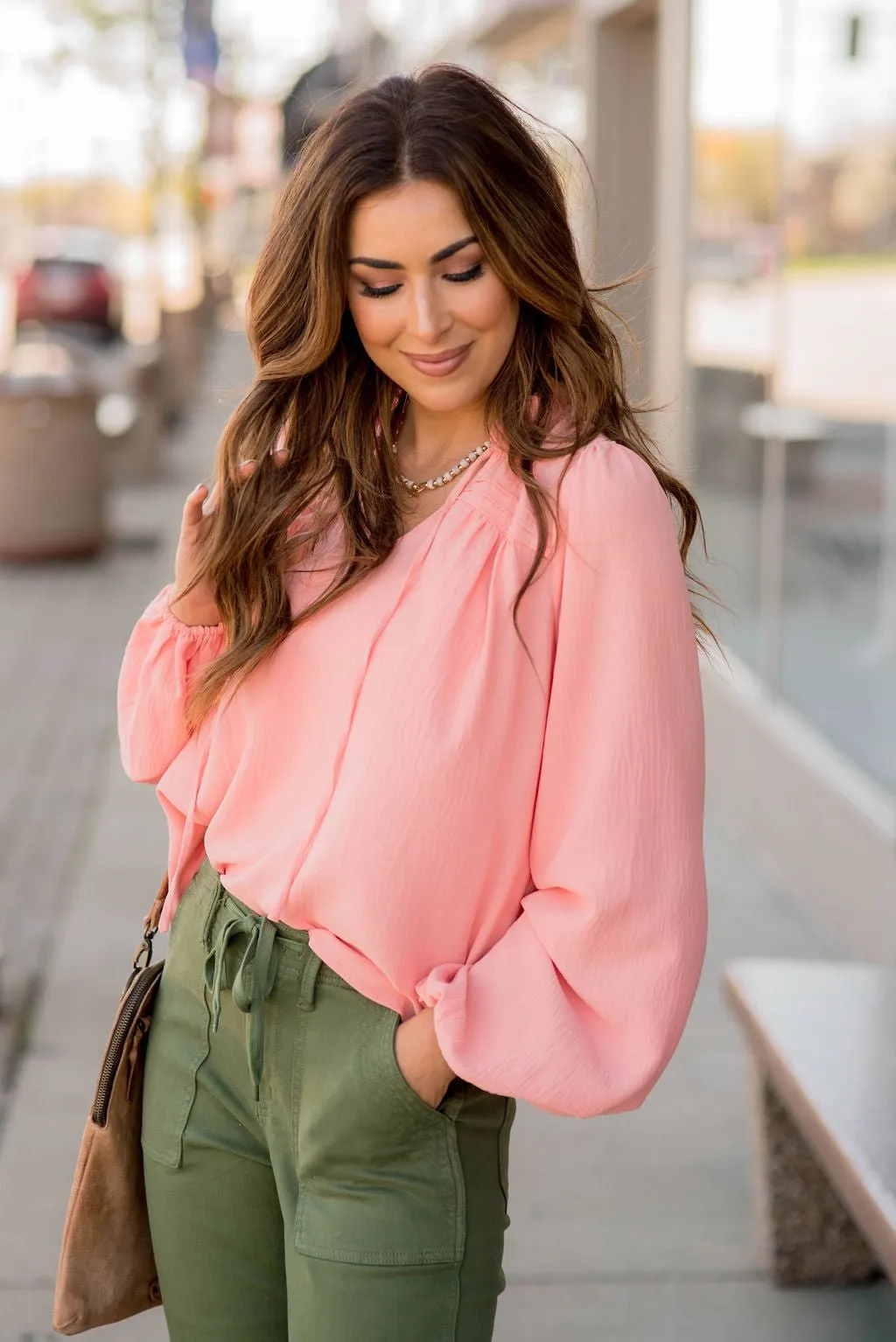 Balloon Sleeve Tie V Blouse