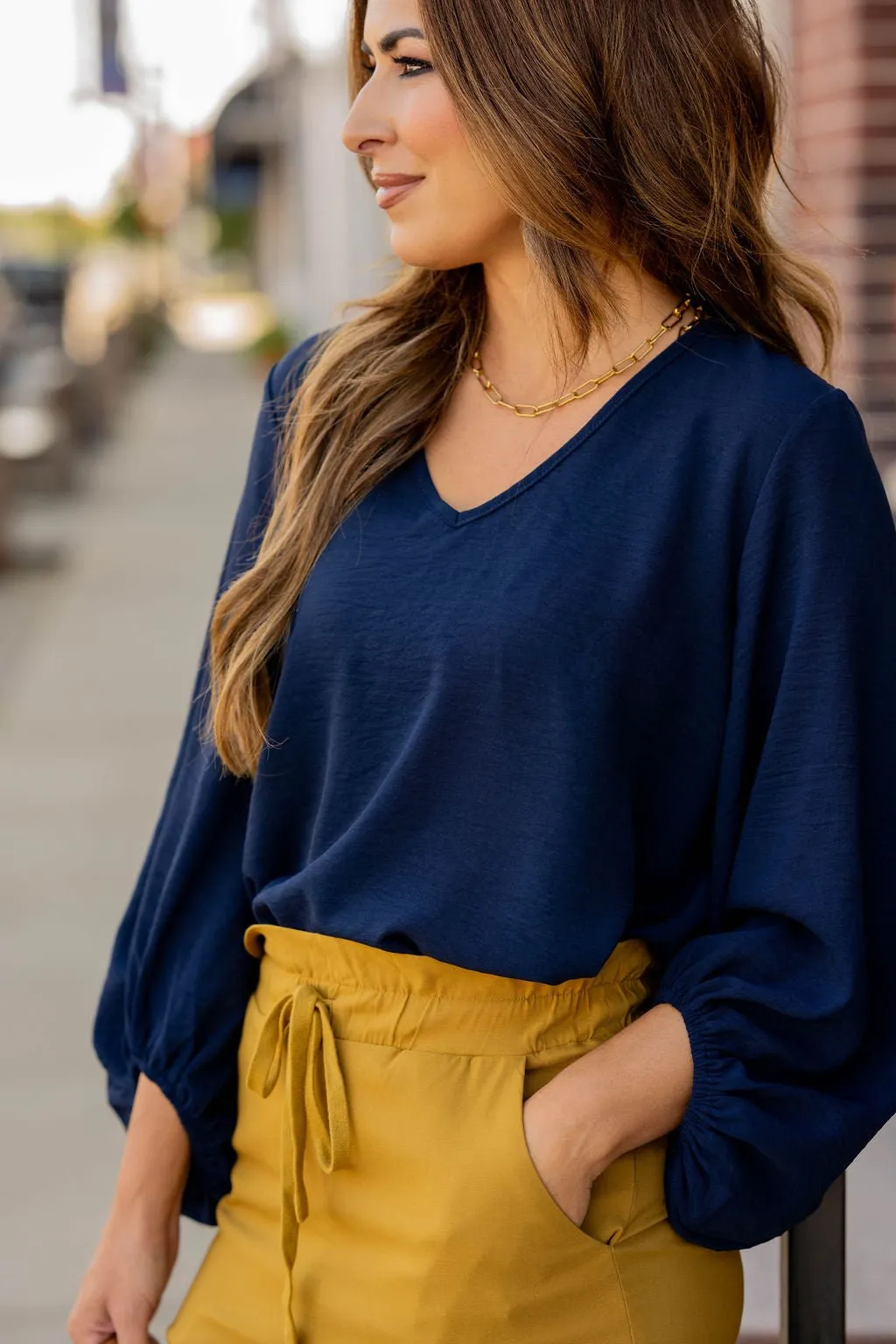 Balloon Sleeve V Blouse