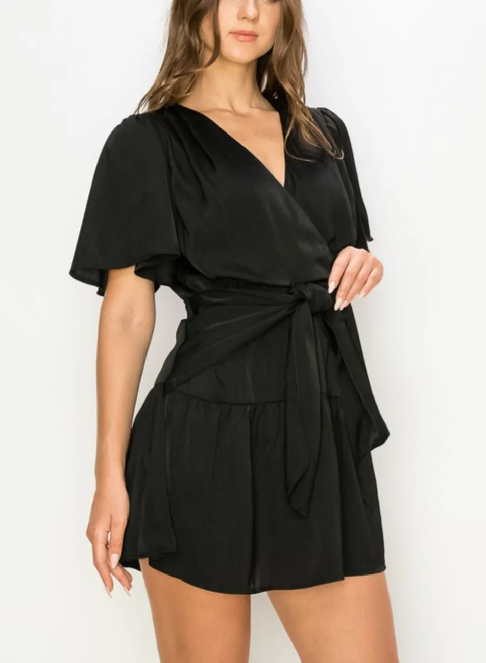 Bell slve mini dress with waist self wrap tie black-blue