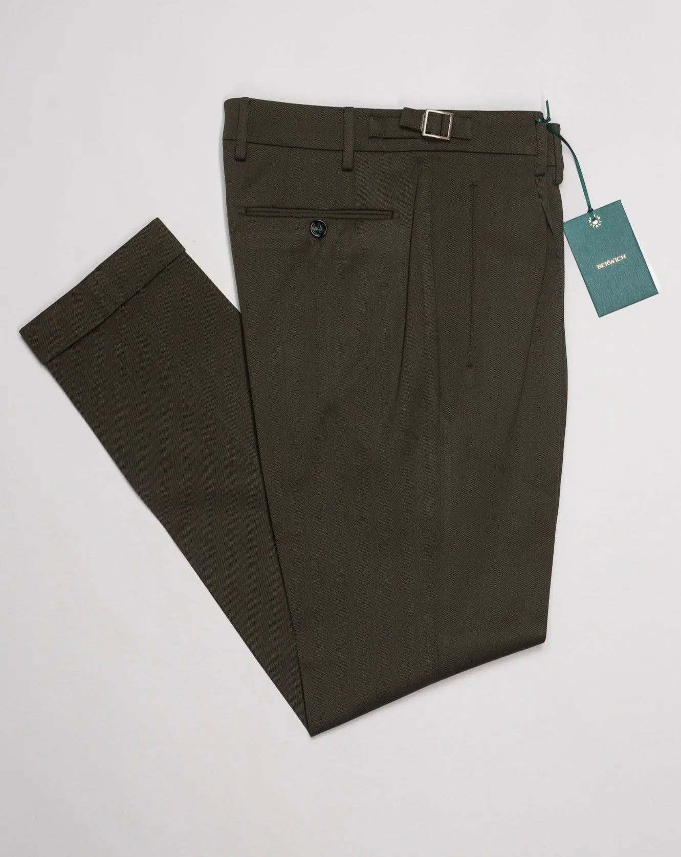 Berwich Single Pleat Wool & Cotton Trousers / Army Green