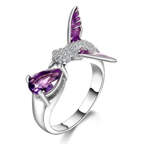 Bird Design Amethyst Adjustable Ring - 925 Sterling Silver