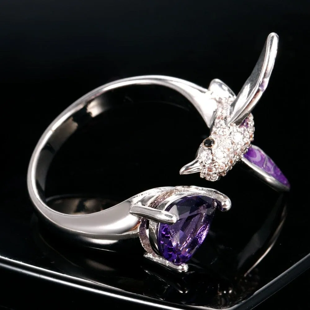 Bird Design Amethyst Adjustable Ring - 925 Sterling Silver