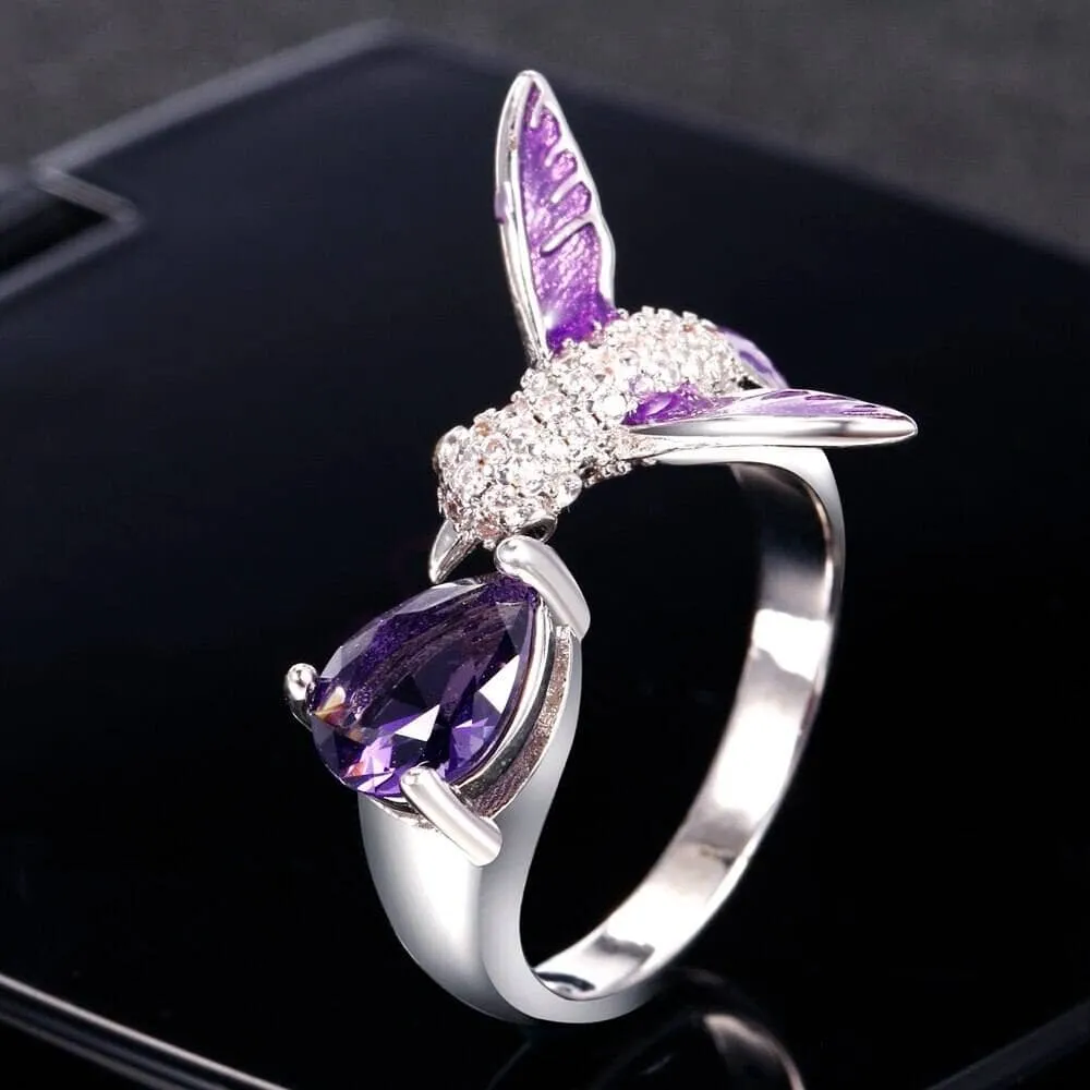 Bird Design Amethyst Adjustable Ring - 925 Sterling Silver