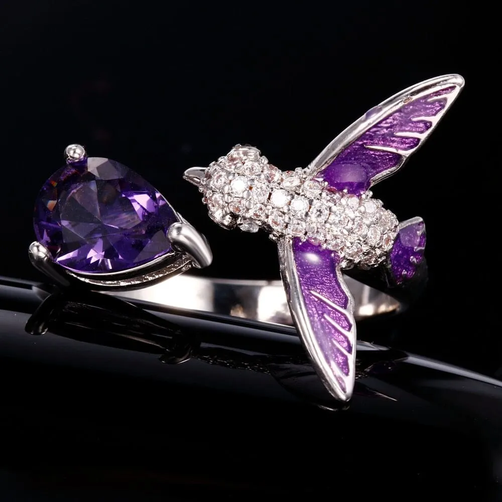 Bird Design Amethyst Adjustable Ring - 925 Sterling Silver