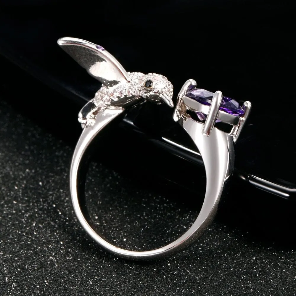 Bird Design Amethyst Adjustable Ring - 925 Sterling Silver