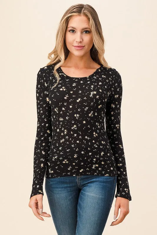 Black Ditsy Flower Thermal Long Sleeve Top