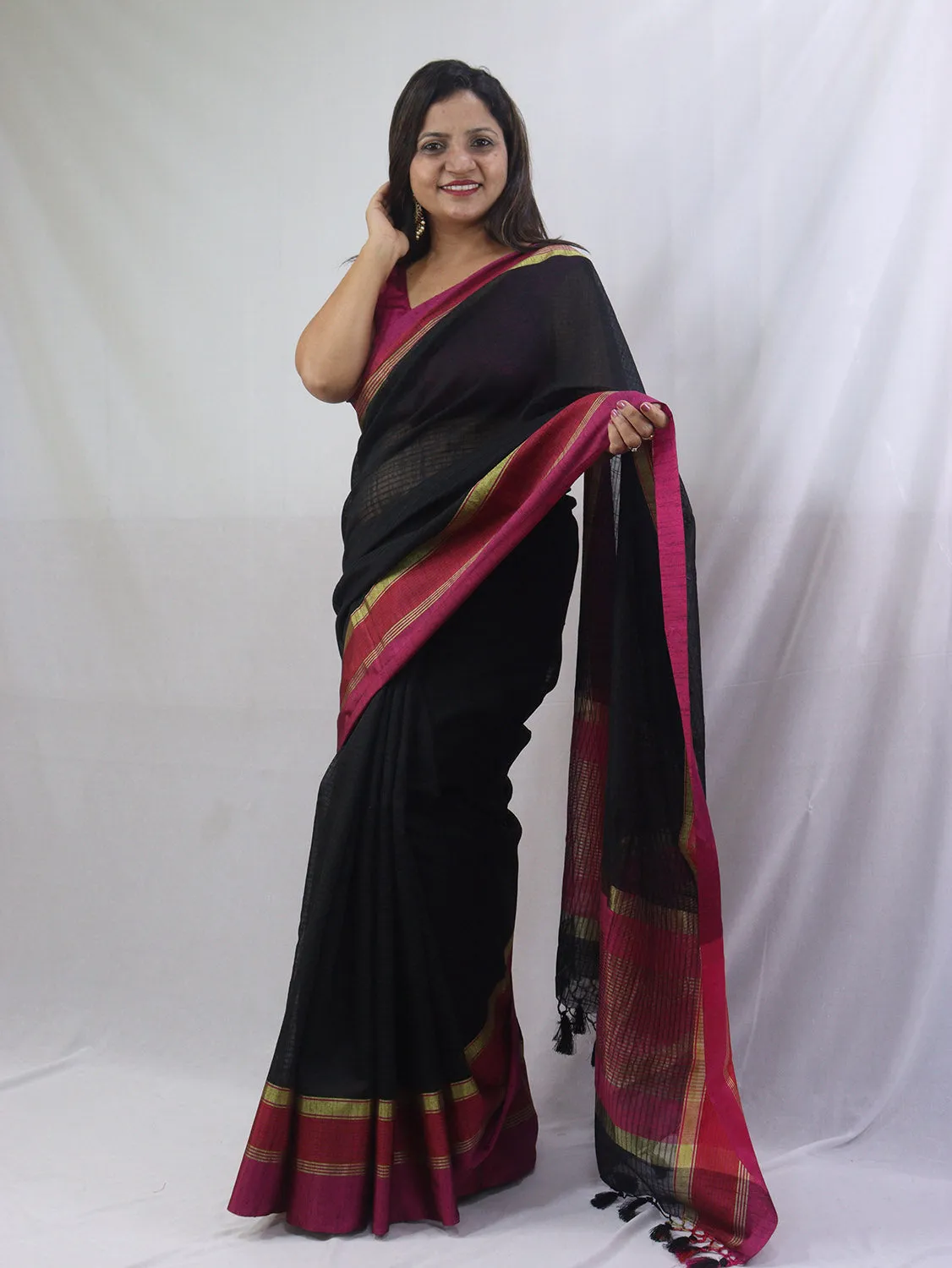 Black Handloom Banarasi Cotton Silk Saree - Elegant and Timeless