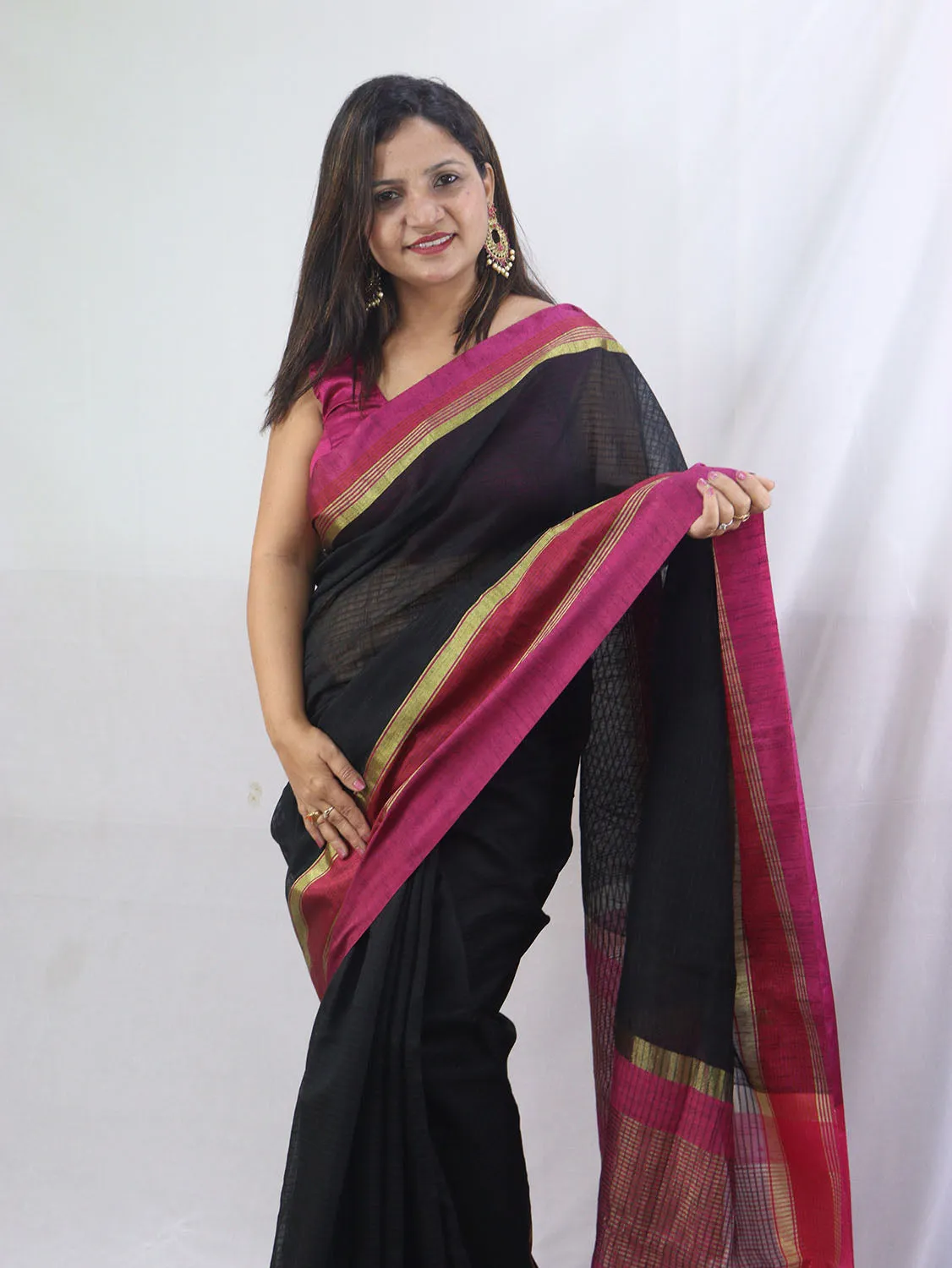 Black Handloom Banarasi Cotton Silk Saree - Elegant and Timeless