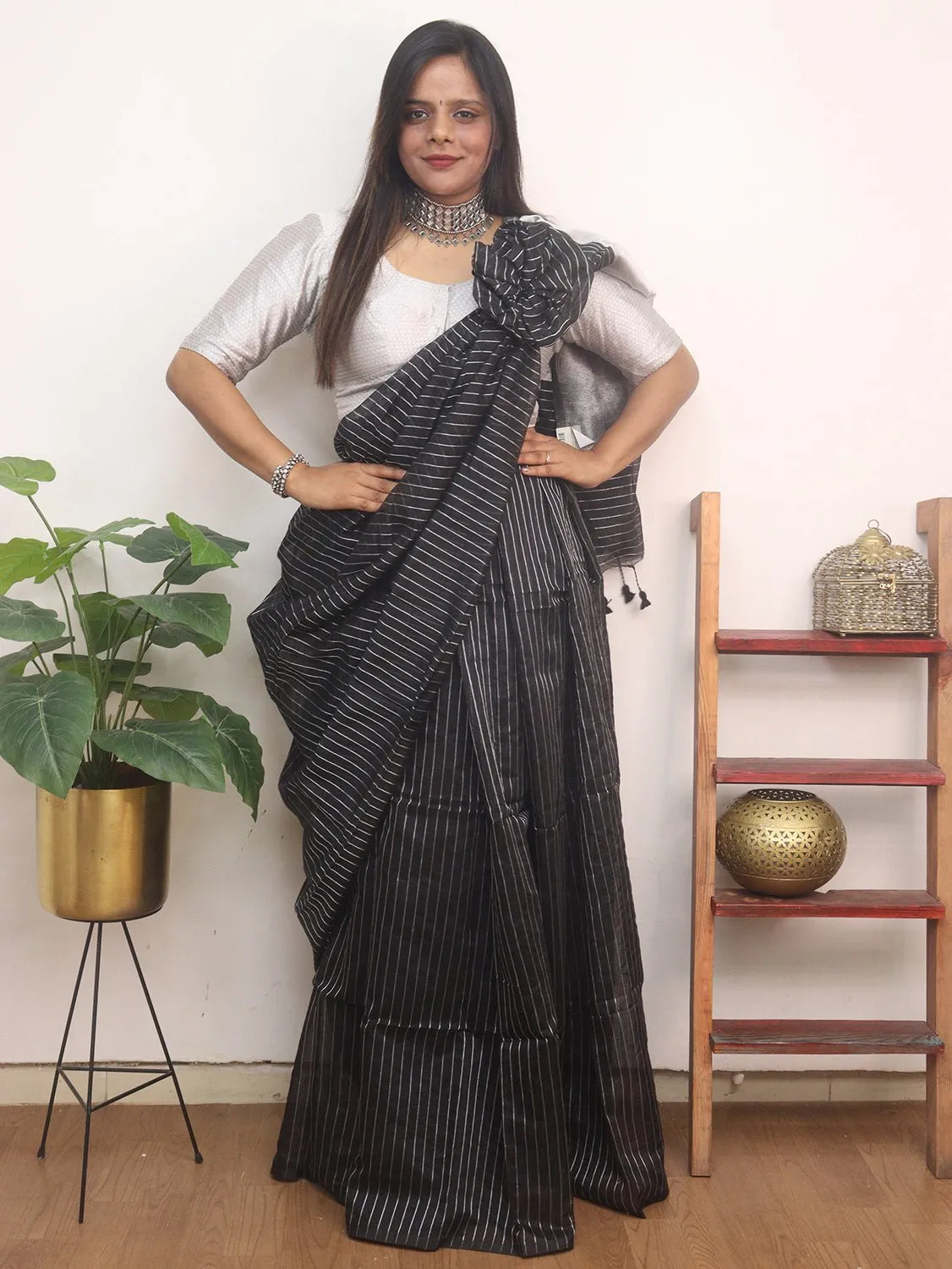 Black Handloom Bengal Tussar Cotton Silver Zari Stripe Design Saree