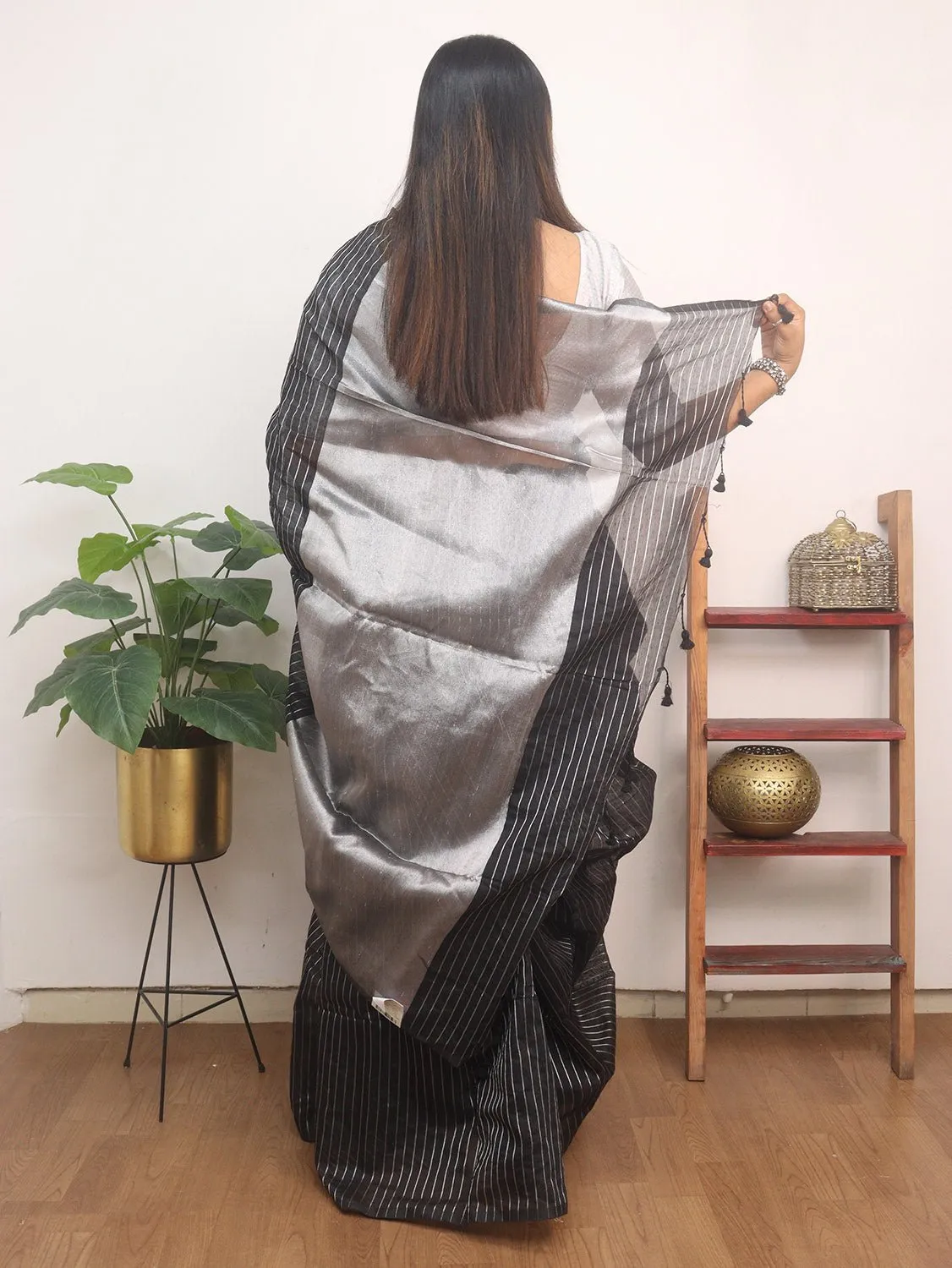 Black Handloom Bengal Tussar Cotton Silver Zari Stripe Design Saree