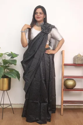 Black Handloom Bengal Tussar Cotton Silver Zari Stripe Design Saree