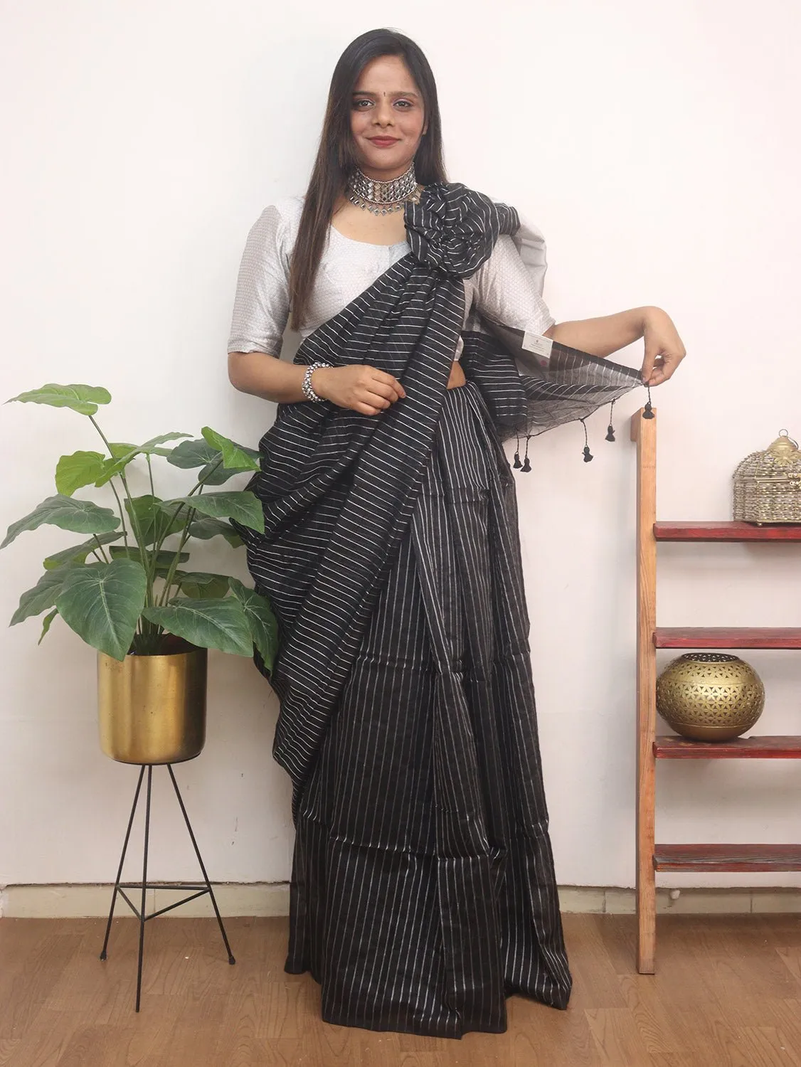 Black Handloom Bengal Tussar Cotton Silver Zari Stripe Design Saree