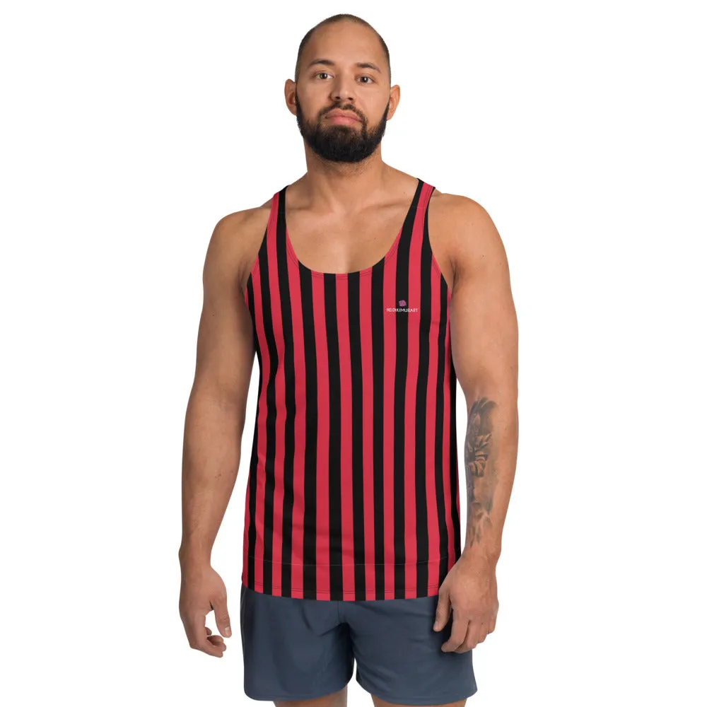 Black Red Striped Tank Top, Vertically Striped Unisex Tanks For Men or Women-Made in USA/EU