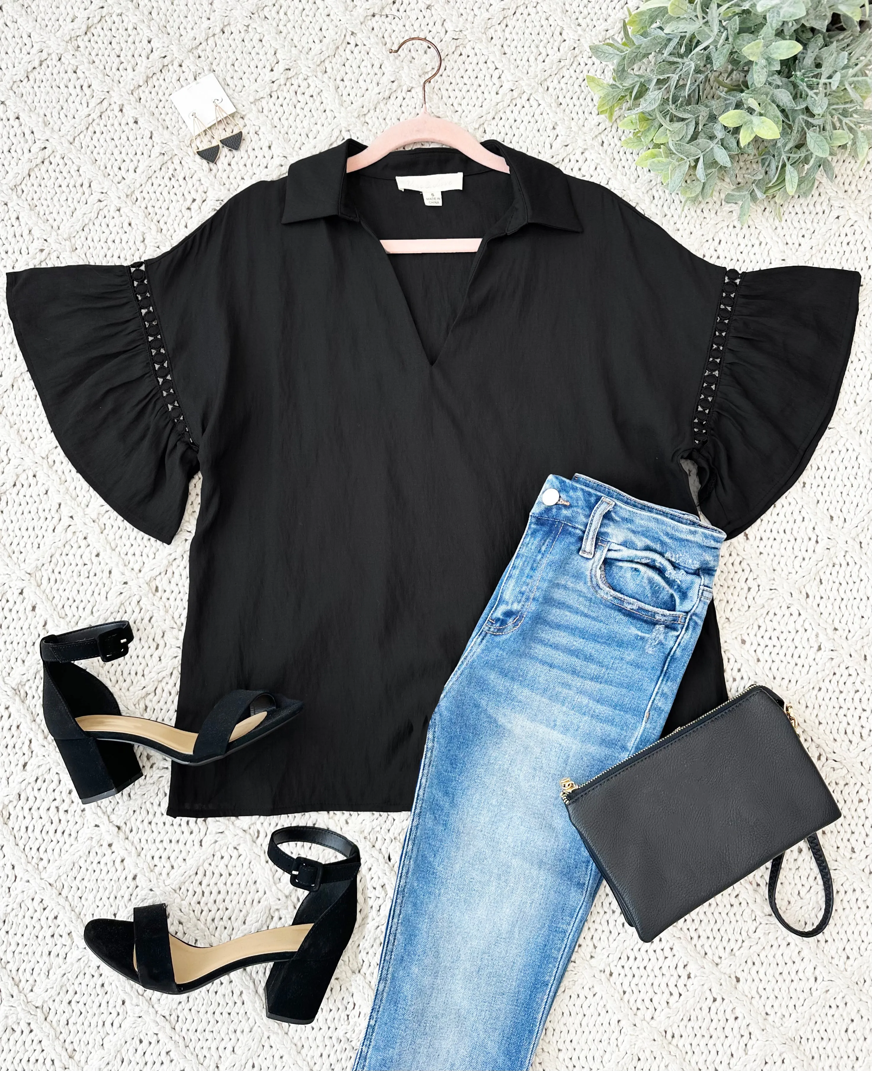 Black Ruffle Sleeve Top