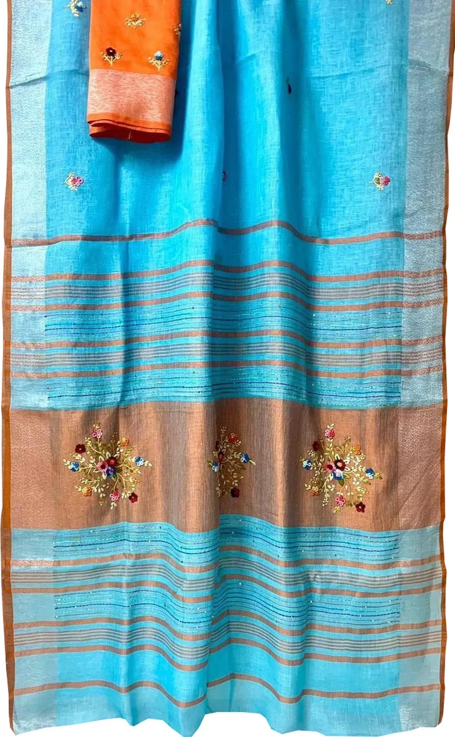 Blue And Orange Pure Linen French Knot Embroidered Saree