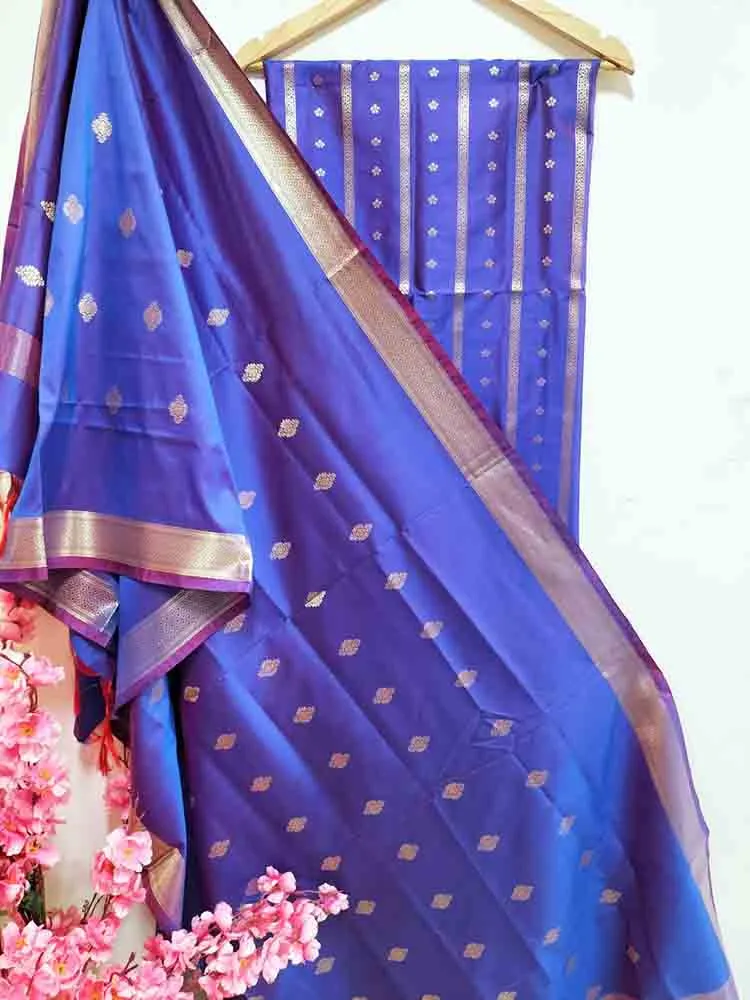 Blue And Purple Shot Banarasi Silk Three Piece Unstitched Suit Set