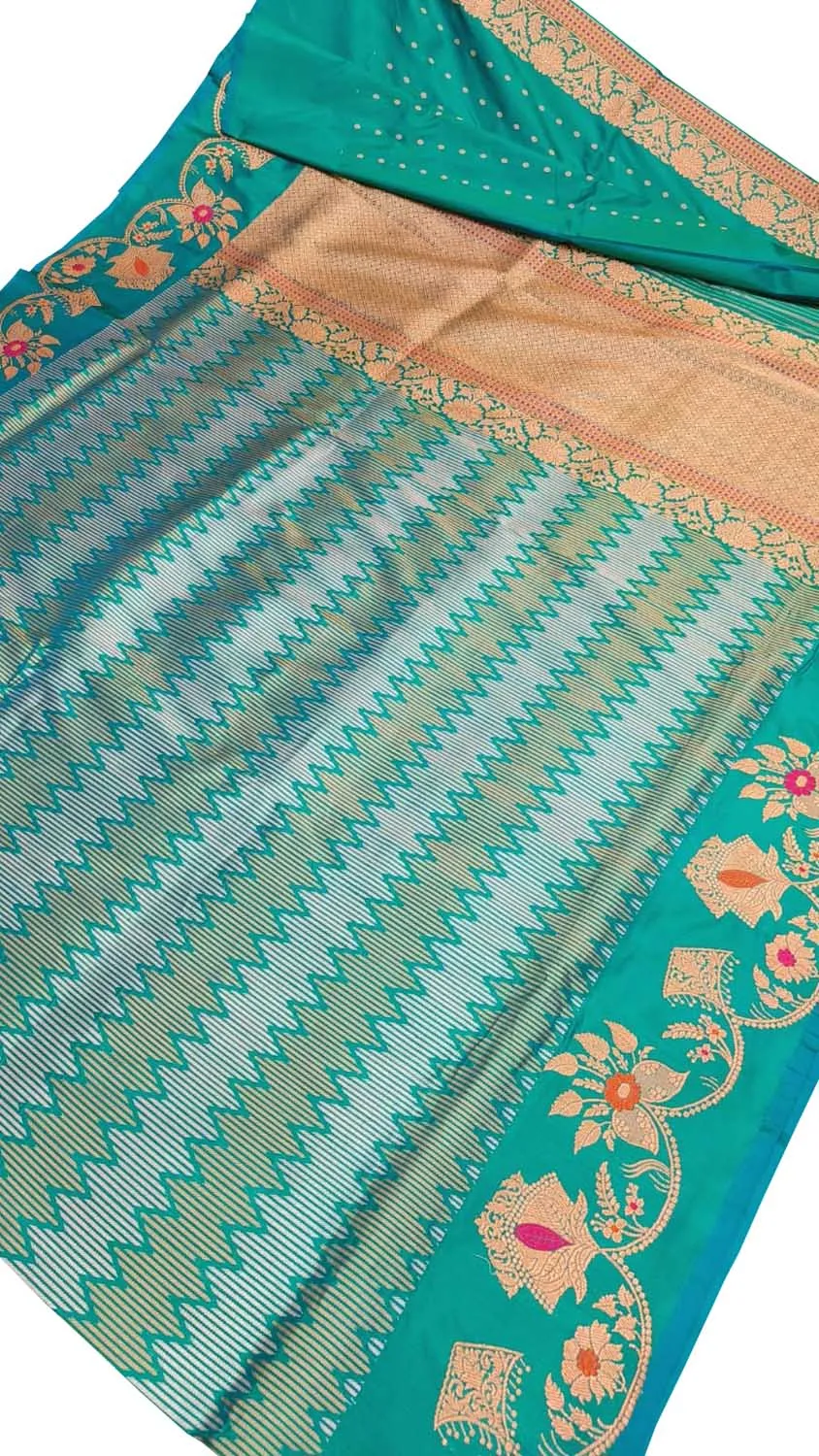 Blue Banarasi Pure Katan Silk Handloom Zig Zag Line Saree