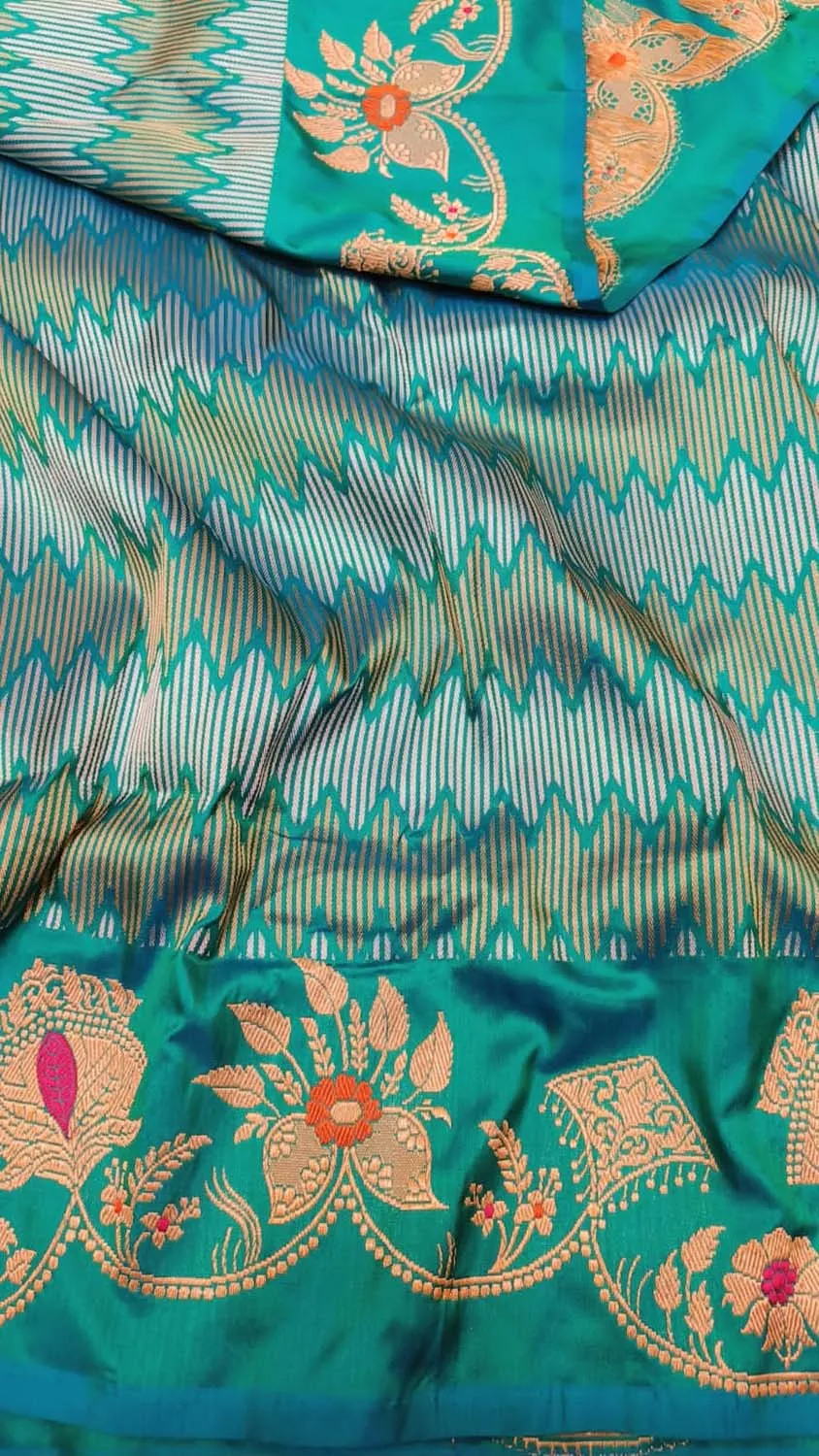 Blue Banarasi Pure Katan Silk Handloom Zig Zag Line Saree