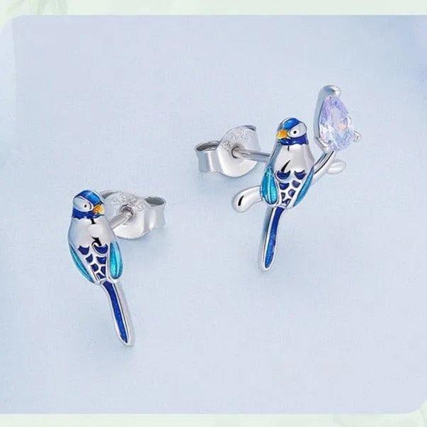 Blue Bird Sterling Silver and CZ Stud Earrings