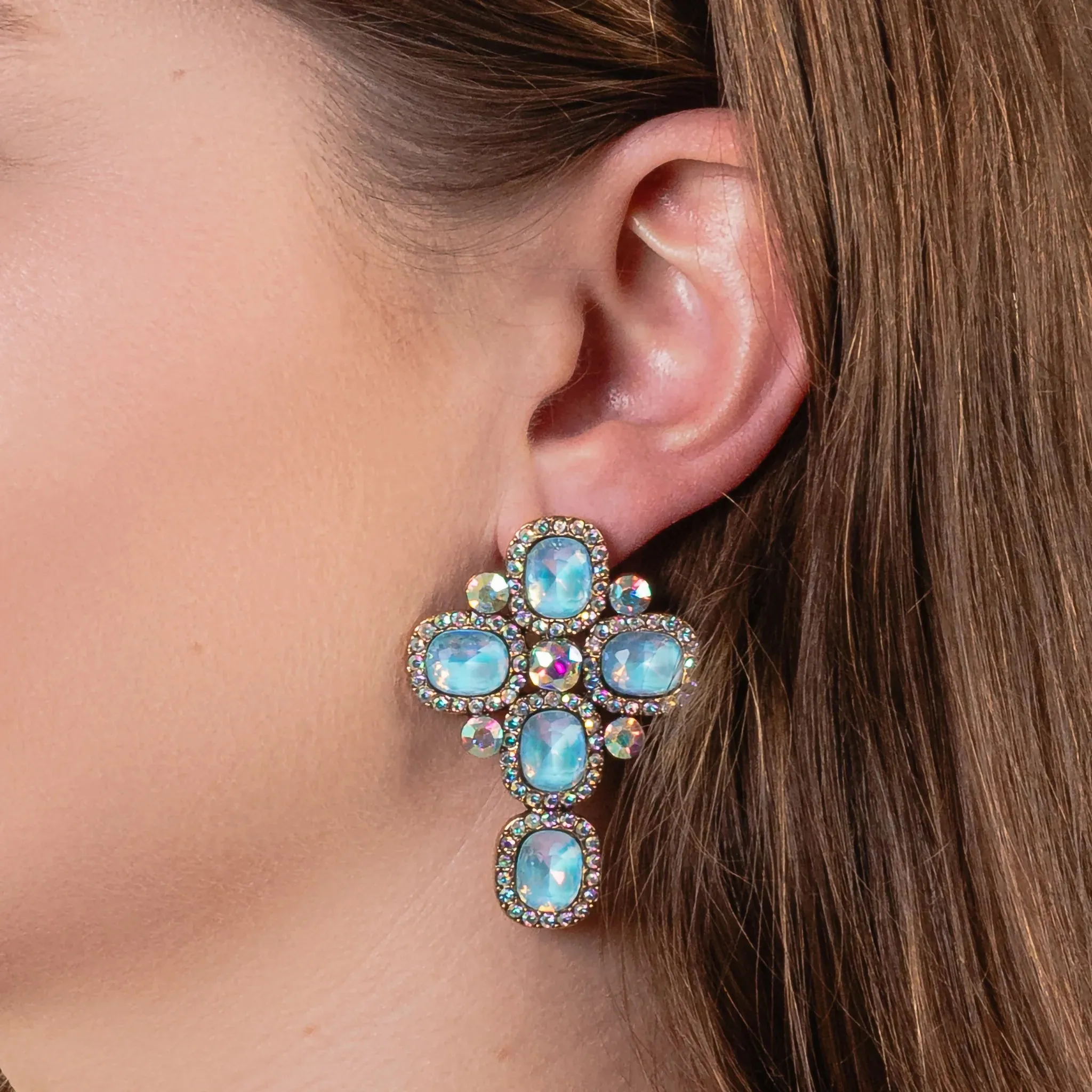 Blue Bling stud cross earrings