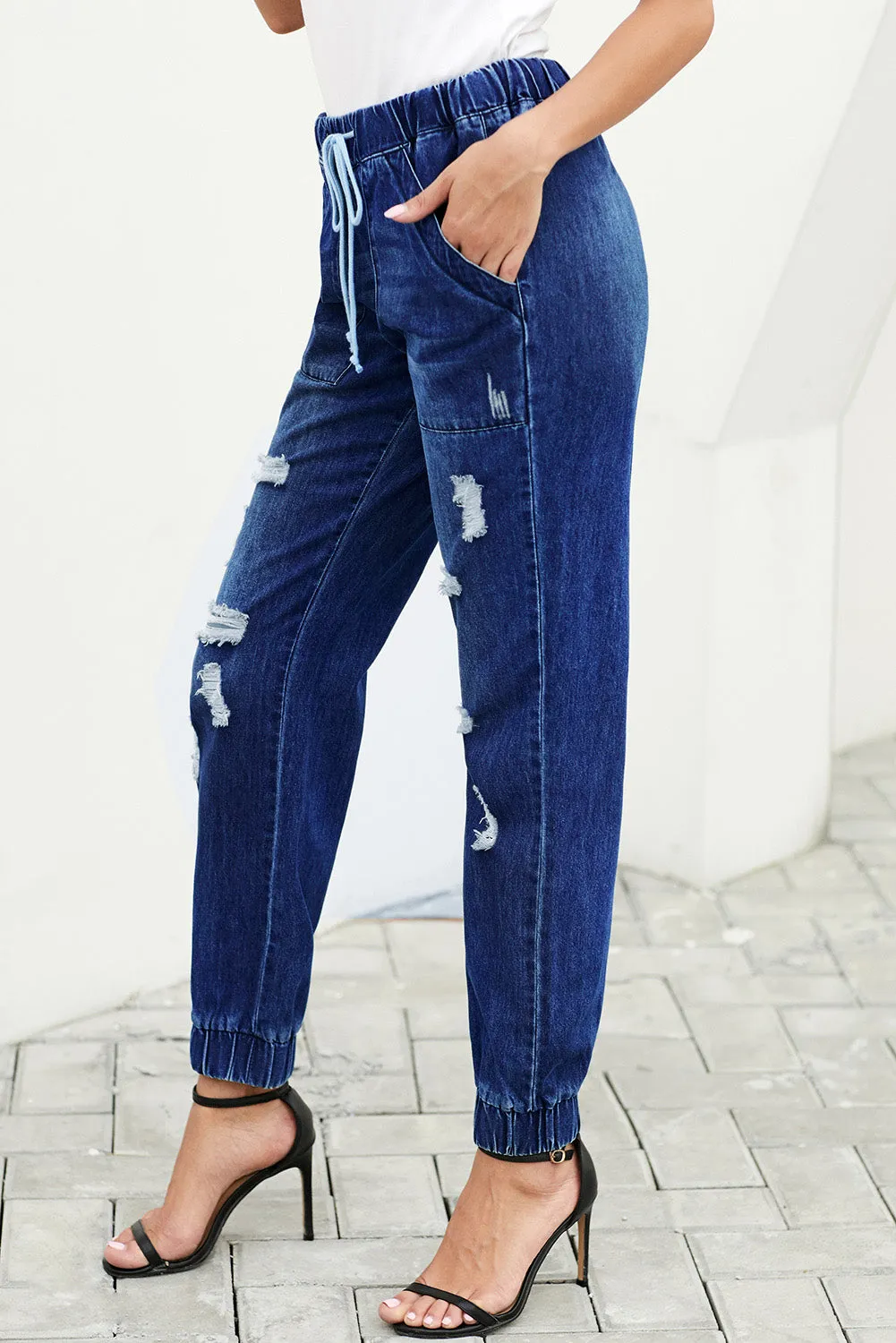 Blue Distress Drawstring Pocketed Ripped Jean Joggers