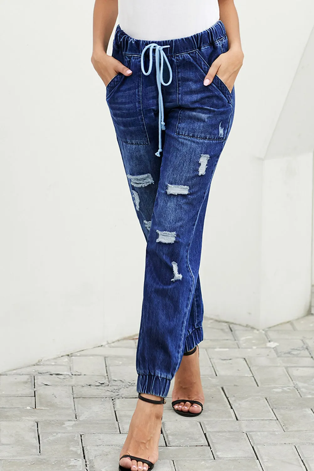 Blue Distress Drawstring Pocketed Ripped Jean Joggers