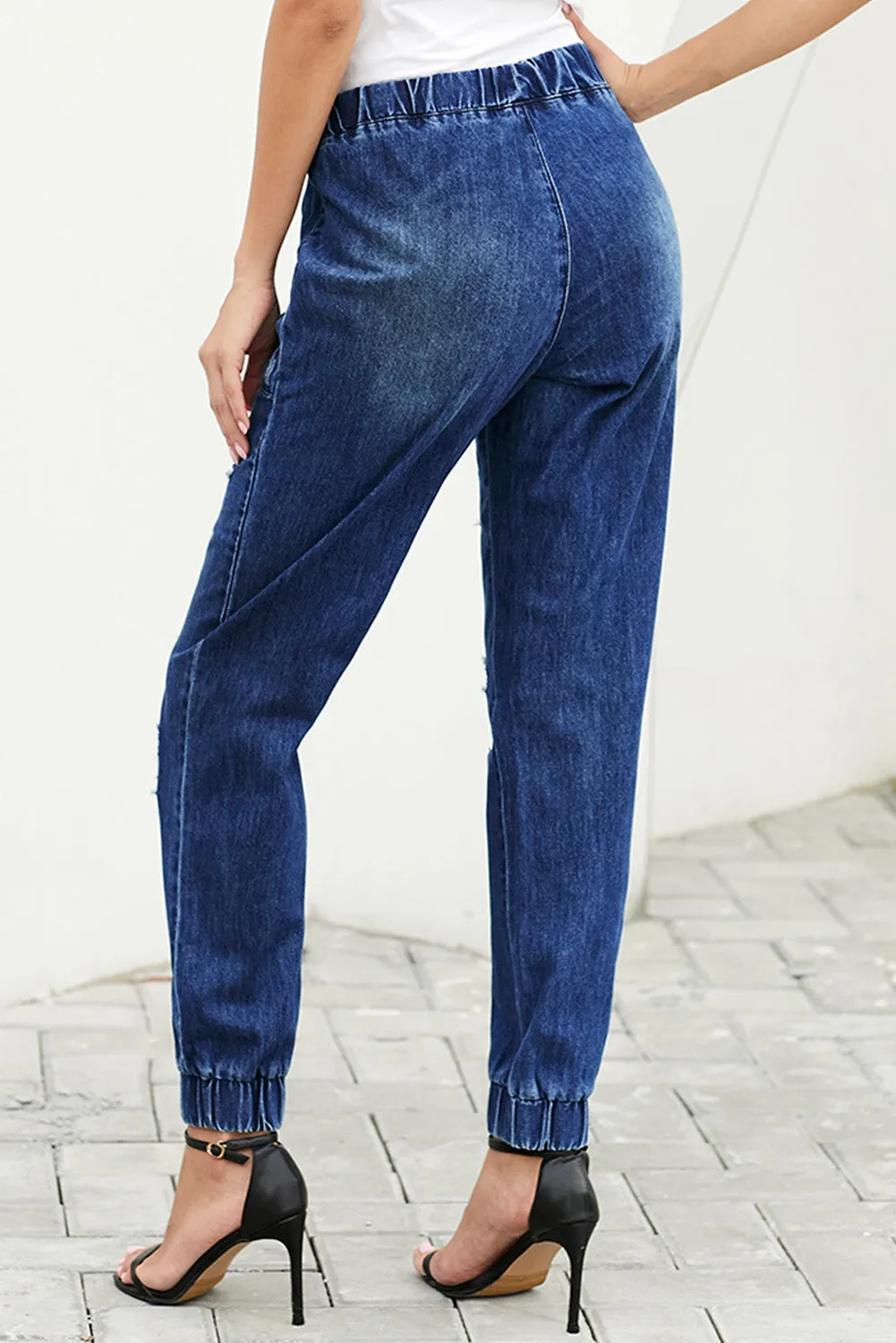 Blue Distress Drawstring Pocketed Ripped Jean Joggers