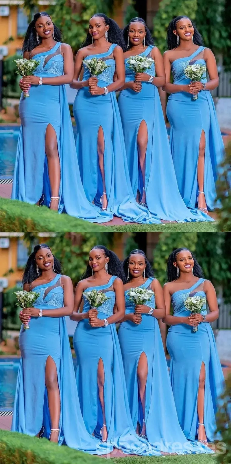 Blue Mermaid One Shoulder High Slit Cheap Long Bridesmaid Dresses,WG1547