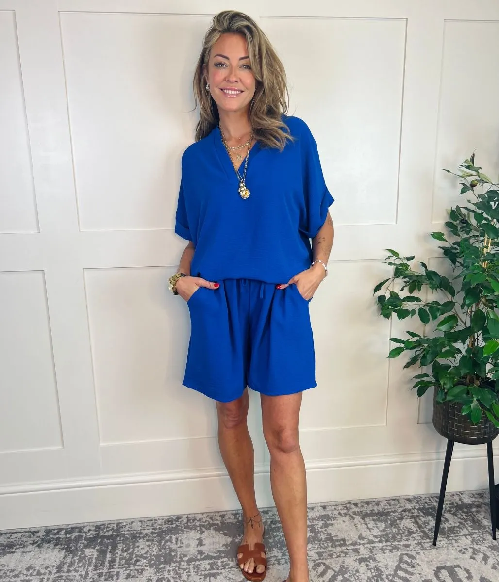 Blue V Neck Top & Shorts Co Ord Set